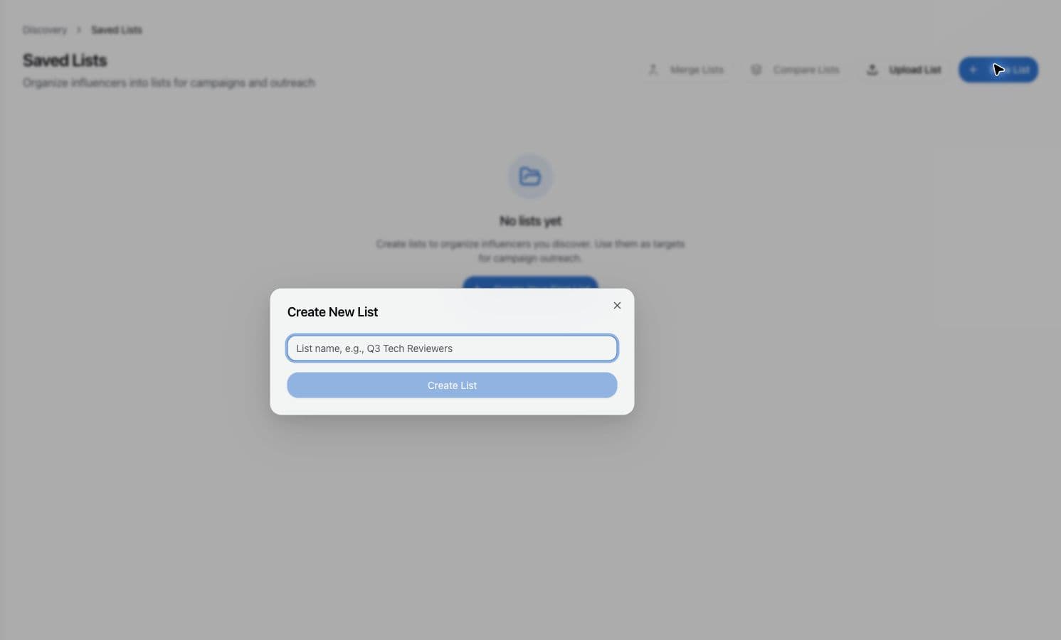 Create New List 表单只要求填写名单名称