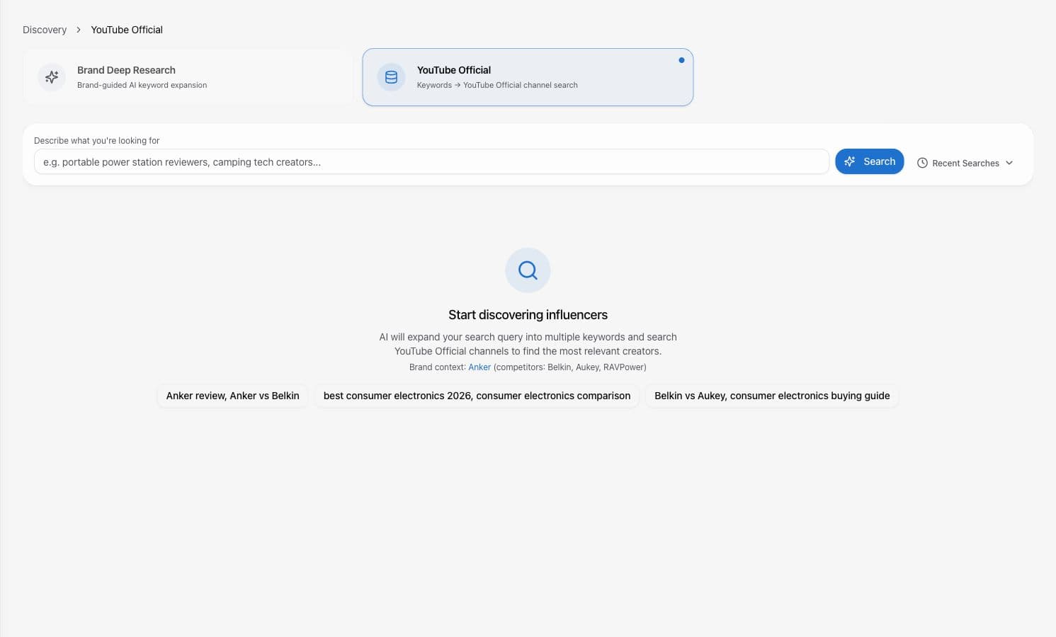 YouTube Official 的关键词输入、品牌上下文和起始状态